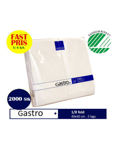 Napkin Gastro 40x40cm 2-layer 1/8 fold White 2000pc/pack - 