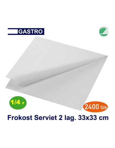 Napkin Gastro 33x33cm 2-layer 1/4 fold White 1200pc/box - 