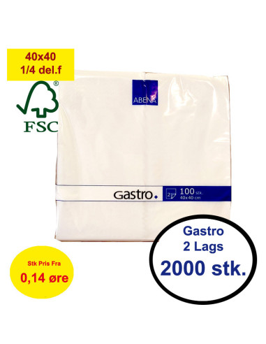 Napkin Gastro 40x40cm 2-layer 1/4 fold White 2000pc/pack - 