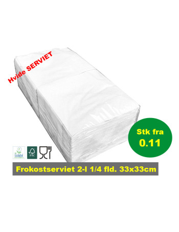 Servietter 2-lags Hvid 33x33cm 1/4 fld. Krt.8x250stk/pk