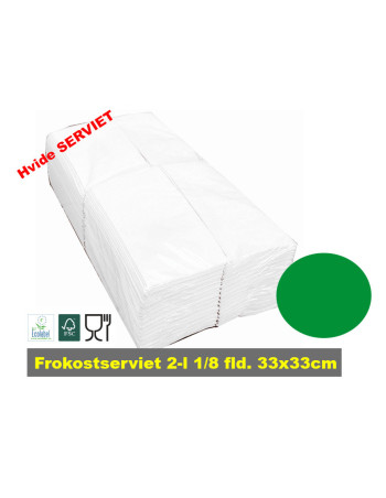 Servietter 2-lags Hvid 33x33cm 1/8 fld.  2000stk. 2